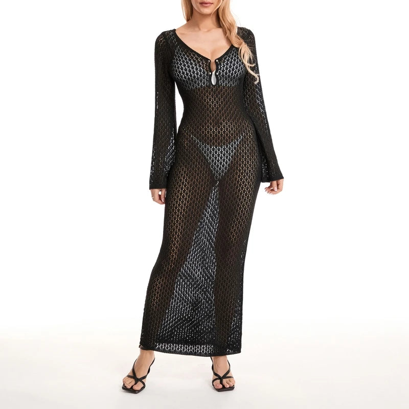 Yiiciovy Sexy Women Long Knit Beach Dress Hollow-Out Deep V-Neck Long Sleeve Bikini Cover-Ups Dress Fall Backless Holiday Dress - 3KDyn